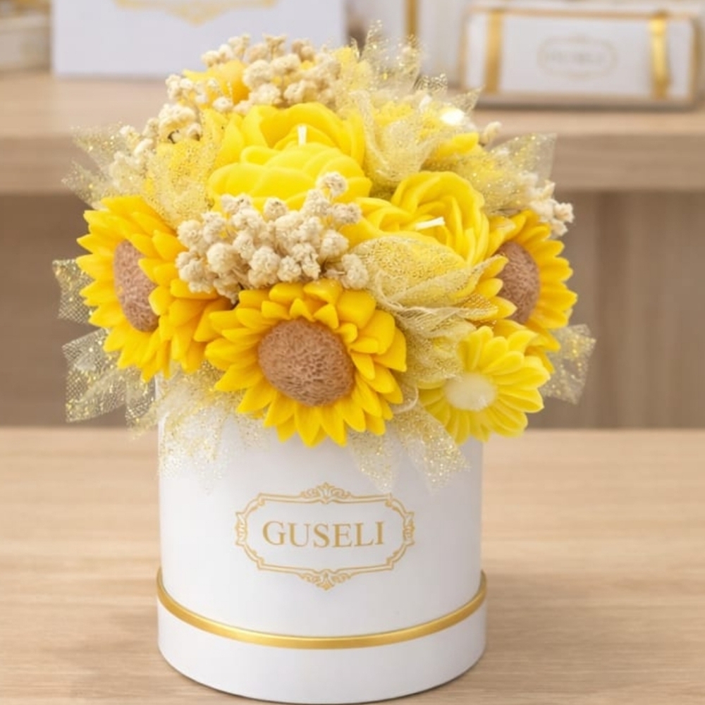 Yellow Floral Candles Arrangement in White Box